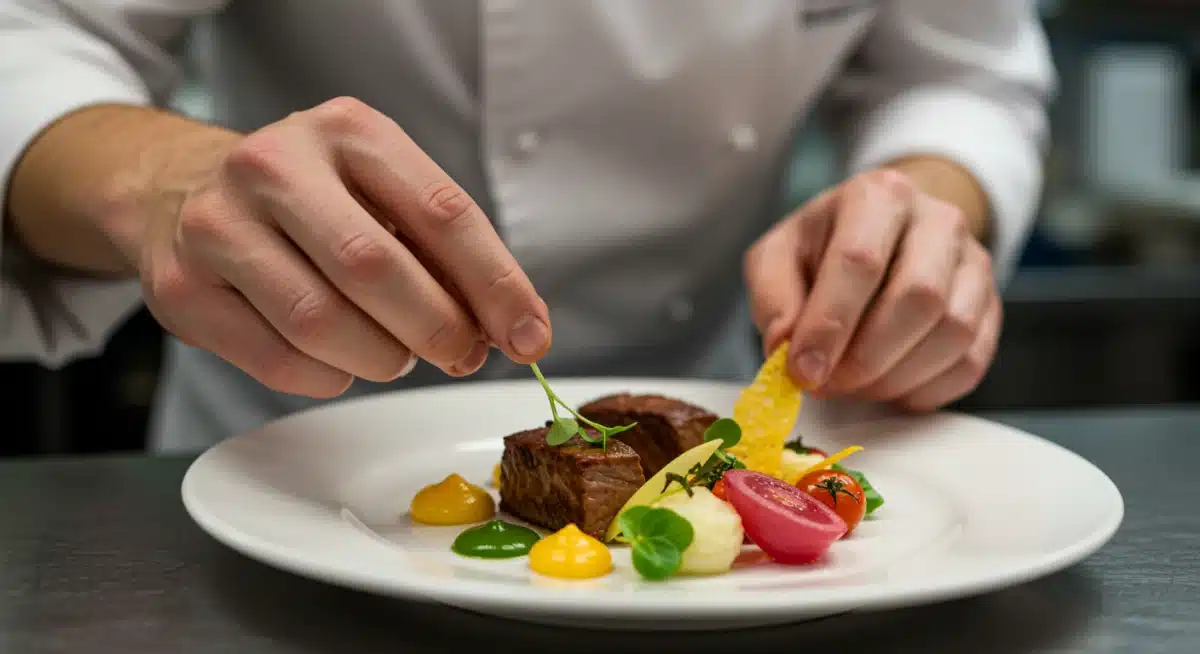Chef meticulously plating a gourmet dish in a professional kitchen