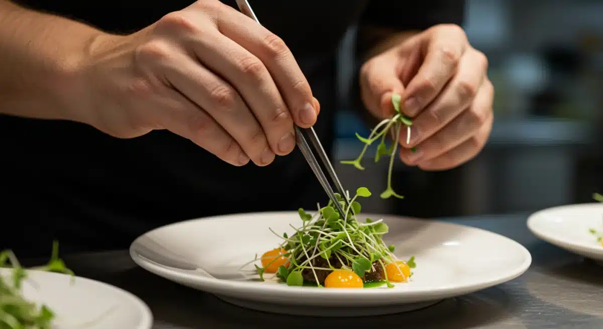 Chef using tweezers to precisely place microgreens on a modern plated dish.