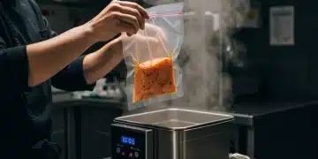 Chef preparando salmón sous vide en un baño maría de precisión
