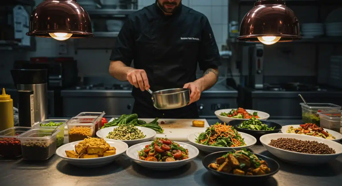 Professional chef expertly preparing diverse plant-based meals in a modern kitchen environment.