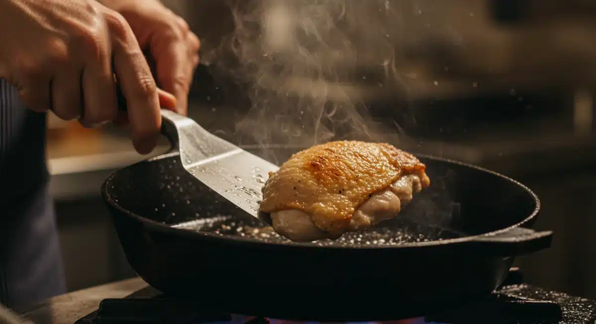 Chef searing chicken in a hot cast iron skillet for browning.