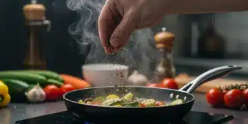 Chef seasoning food with herbs and spices in a hot pan