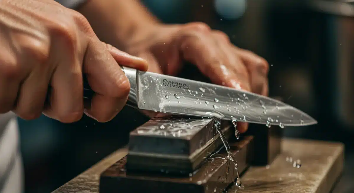 Chef sharpening a knife with a whetstone, demonstrating proper technique.