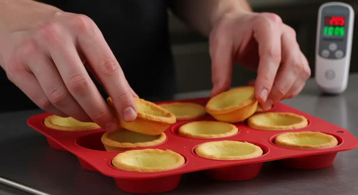 Chef using silicone tart molds for precise pastry baking