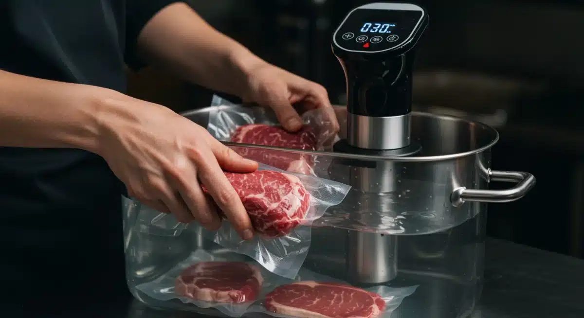 Chef placing vacuum-sealed steaks into sous vide water bath