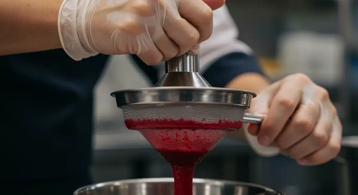 Chef utilizando un tamiz cónico para puré de bayas, logrando una textura suave.