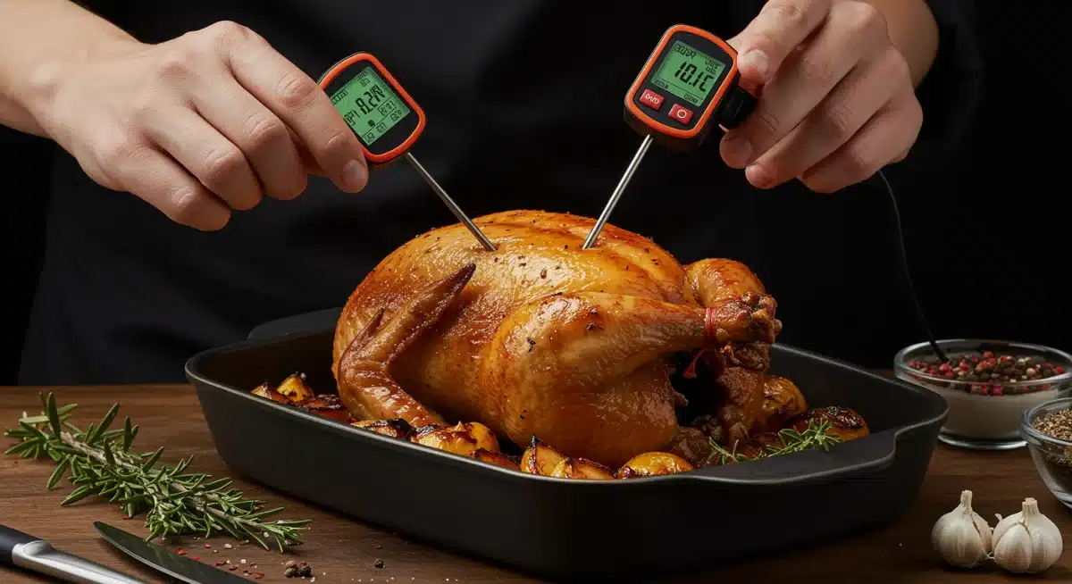 Chef utilizando termómetro digital para medir temperatura interna de pollo asado