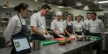 Chefs learning advanced culinary techniques in a training kitchen