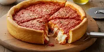 Authentic Chicago deep dish pizza with a golden crust and melted cheese, ready to be served.
