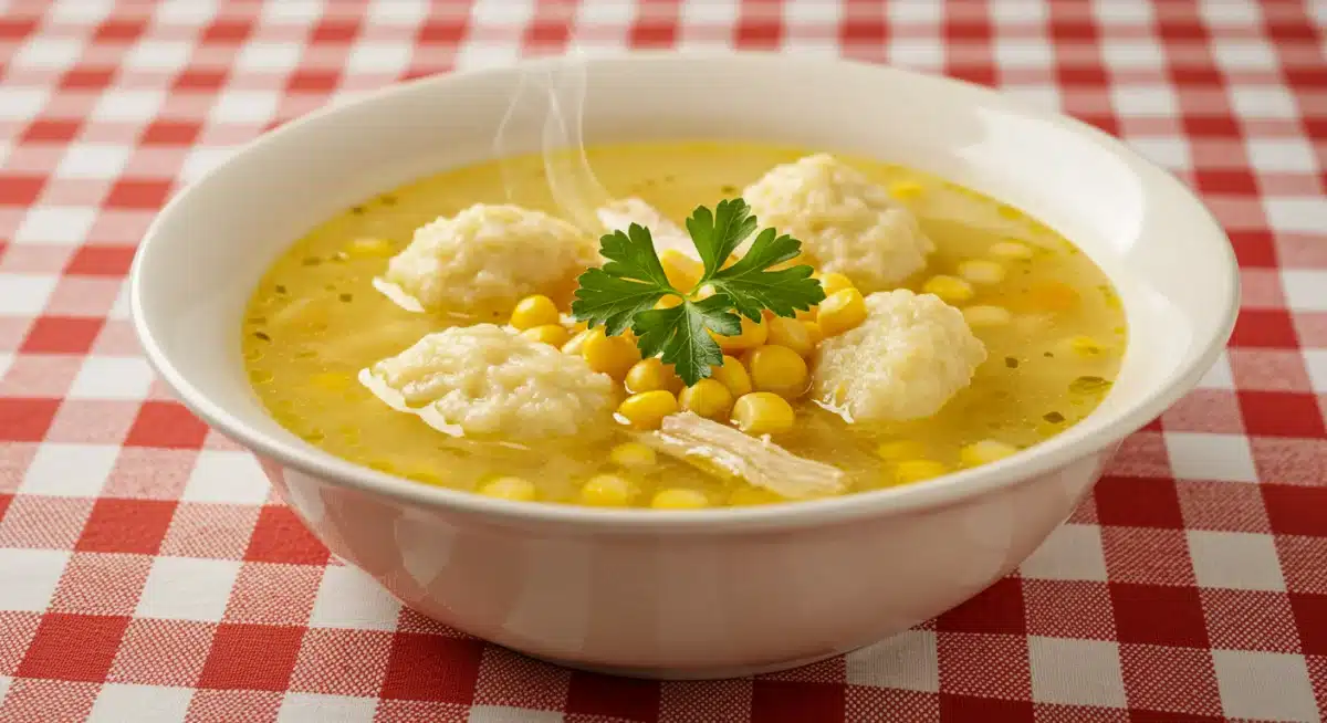 Hearty bowl of traditional chicken corn soup with homemade rivvels and parsley.