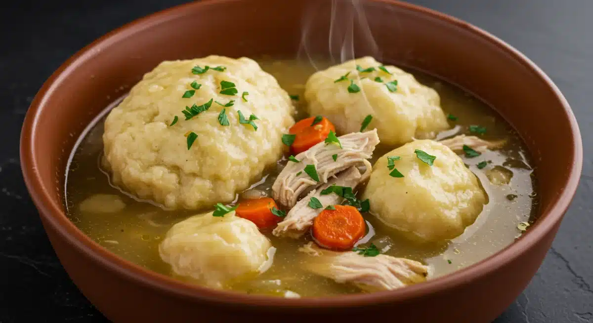 Hearty bowl of chicken and dumplings with fresh parsley.