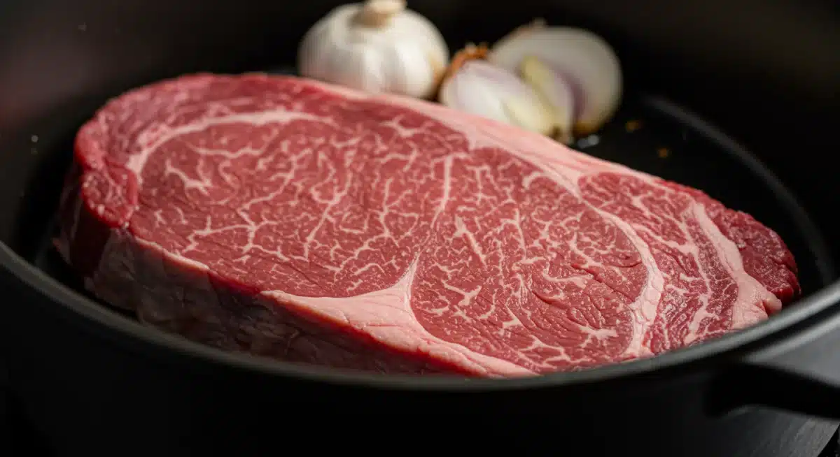 Raw chuck roast in Dutch oven ready for searing