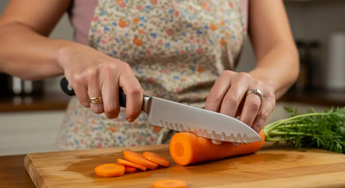 Home cook using claw grip for safe vegetable cutting