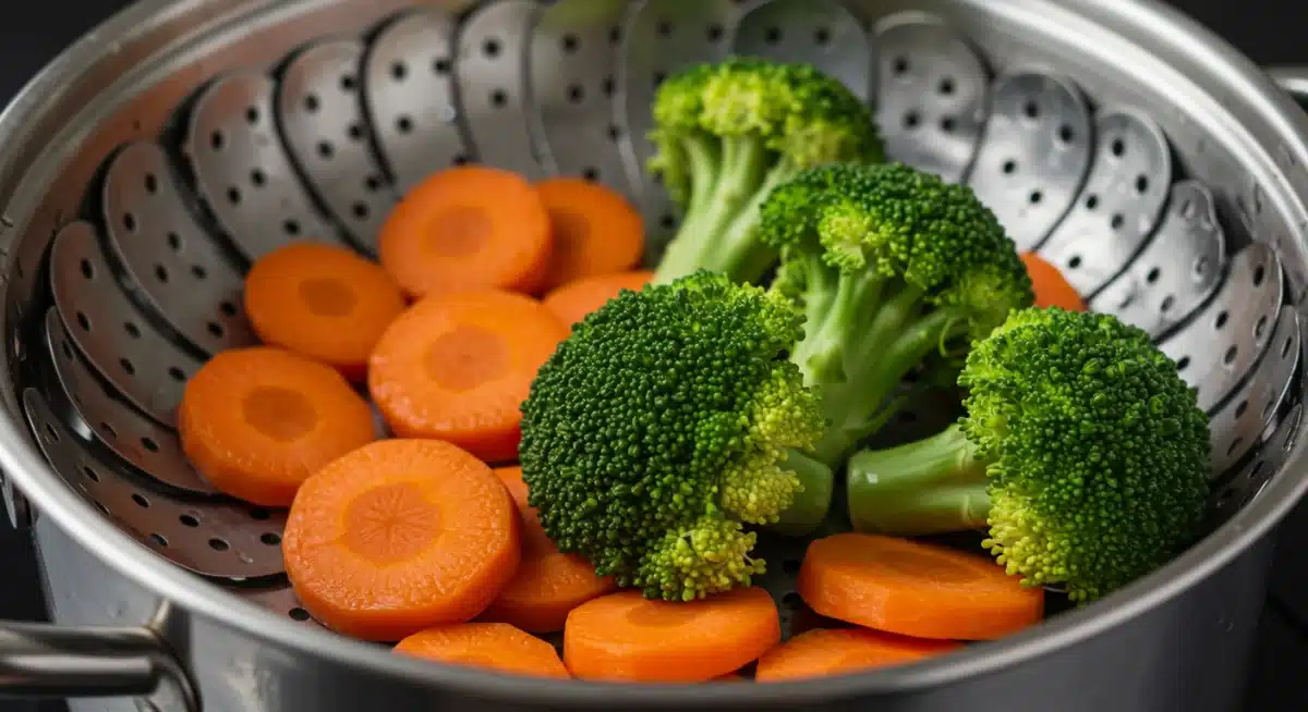 Cesta de vapor con brócoli y zanahorias, destacando el método de cocción al vapor para preservar nutrientes.