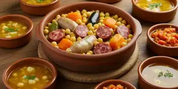 Cocido madrileño auténtico humeante en olla de barro