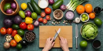 Cocina española organizada con productos frescos y utensilios listos para cocinar, simbolizando la reducción del desperdicio.