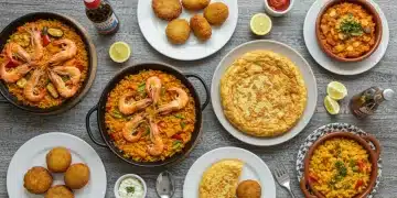 Deliciosos platos de cocina española sin gluten sobre una mesa rústica.