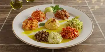 Plato de cocina fusión española con ingredientes globales vibrantes y exóticos.