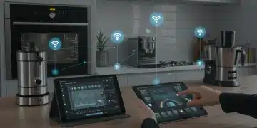 Cocina moderna con utensilios inteligentes conectados por WiFi y una persona controlándolos con una tablet.