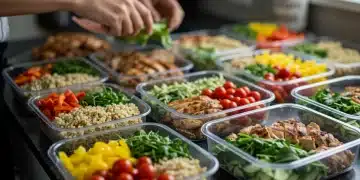 Mesa de cocina organizada con recipientes de preparación anticipada llenos de comida saludable y variada.