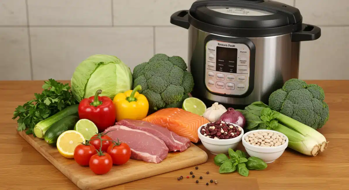 Ingredientes frescos y saludables junto a una olla a presión, destacando la cocina rápida y nutritiva.