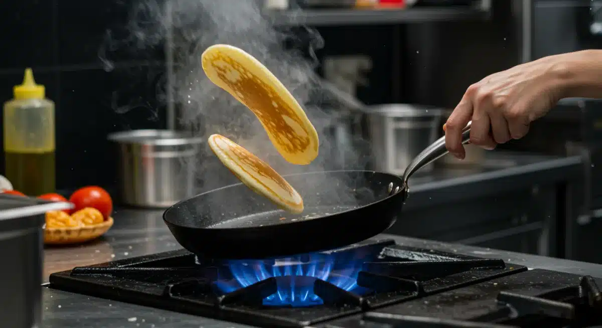 Chef cocinando tortitas en una sartén de hierro fundido sobre una estufa de gas, demostrando su excelente retención de calor.