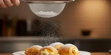 Colador de malla fina espolvoreando azúcar glass sobre postres delicados.