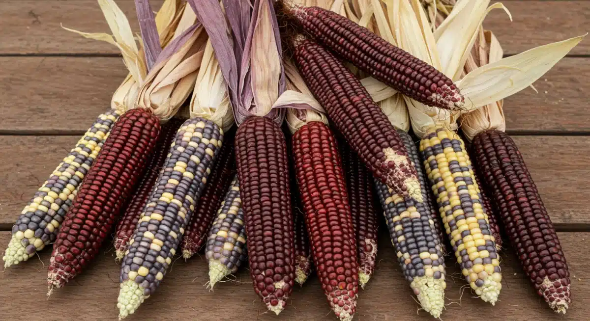 Vibrant heirloom corn cobs in various colors, freshly harvested.