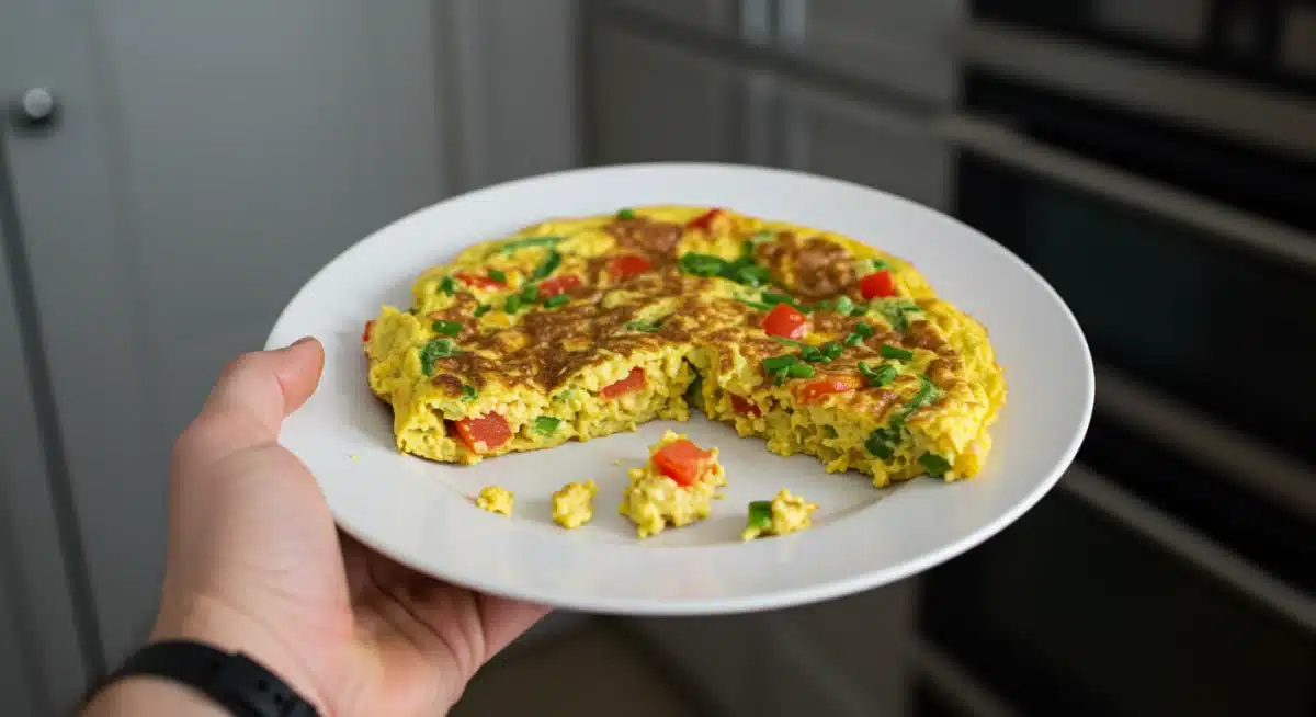 Plato delicioso elaborado con sobras de comida, mostrando una frittata o un salteado creativo como ejemplo de reutilización de alimentos.