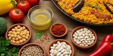 Comida saludable española con superalimentos como aceite de oliva, azafrán y legumbres.