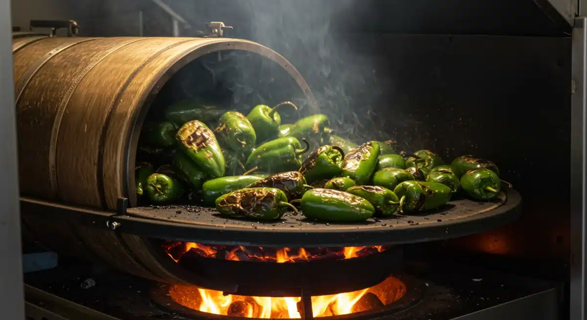 Commercial rotating green chile roaster in action