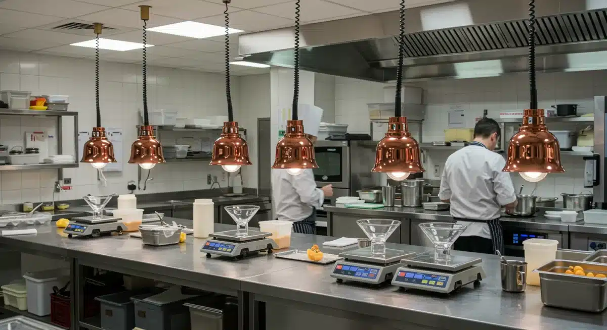 Professional chefs accurately weighing ingredients in a commercial kitchen, demonstrating precise ingredient management.