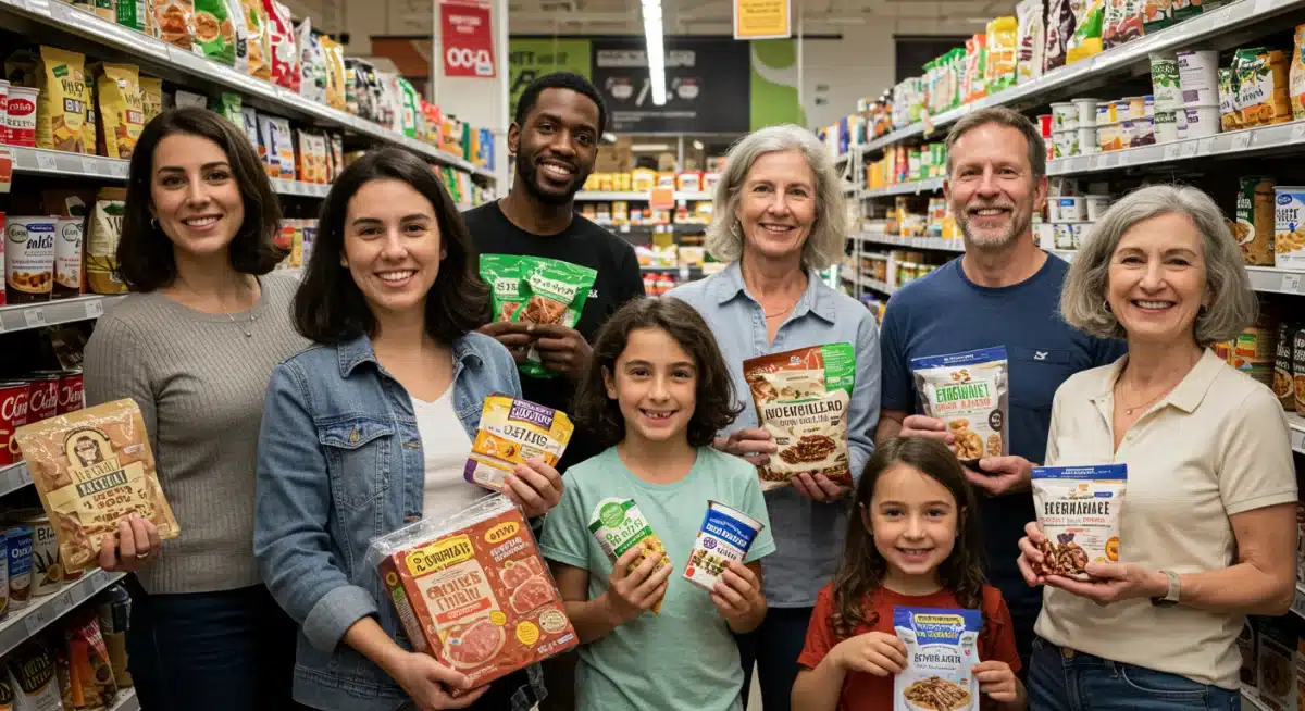 Consumers choosing plant-based and functional food products from a supermarket aisle, reflecting diverse dietary preferences.