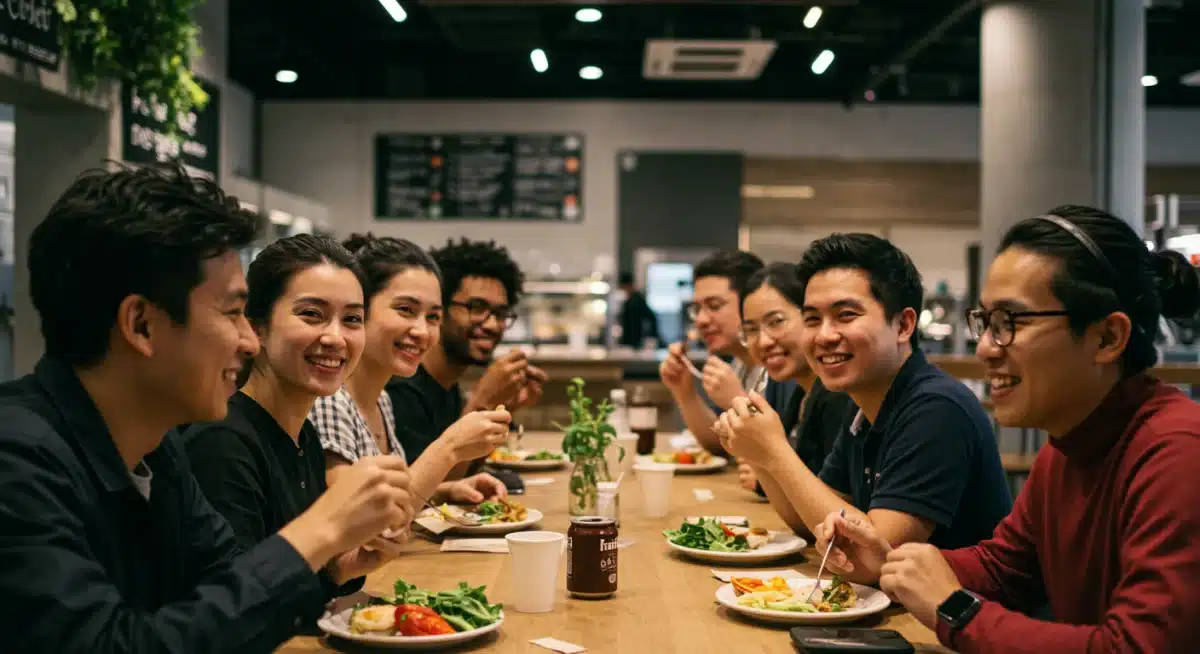 Diverse consumers happily eating various plant-based dishes in a lively food hall.