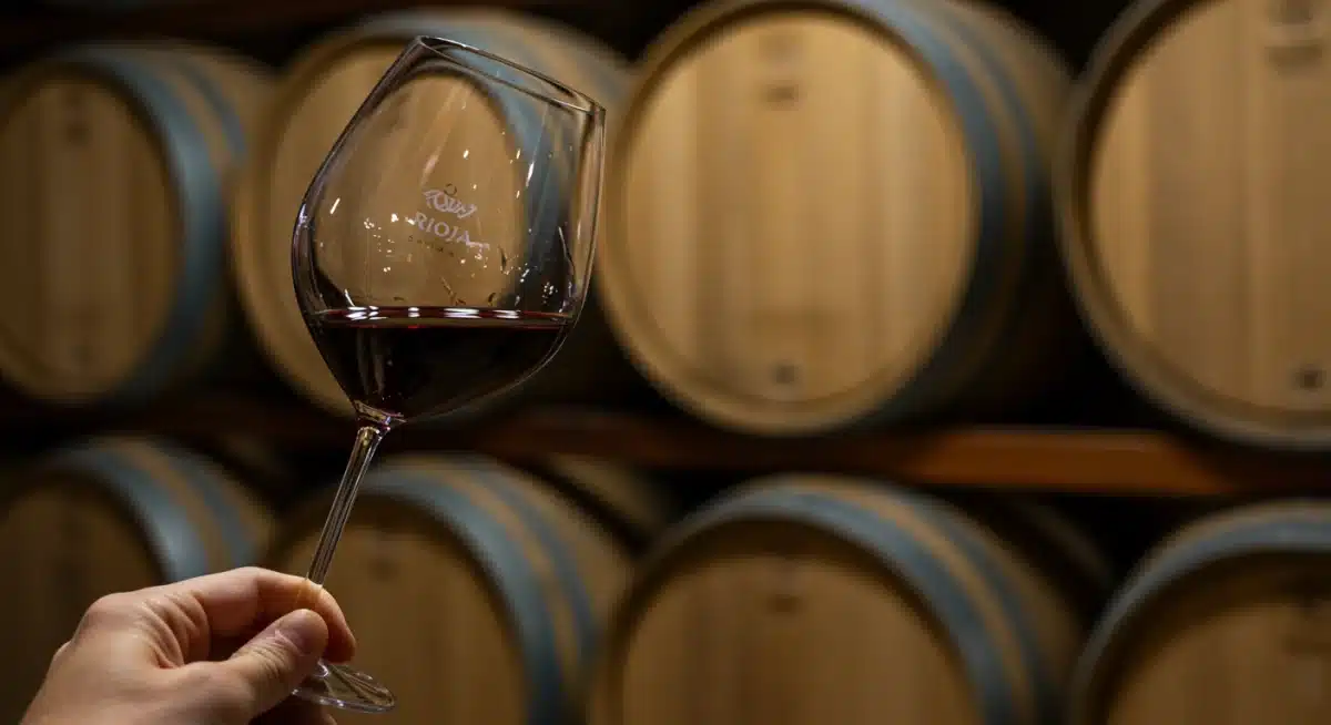 Copa de vino tinto Rioja en bodega, mostrando su color y textura.