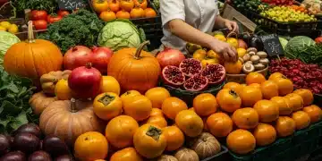 Abundante cosecha de otoño en un mercado español, con calabazas, setas, granadas y caquis.