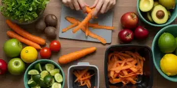 Mãos preparando alimentos frescos em uma cozinha organizada, com foco no aproveitamento integral e redução de desperdício.