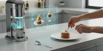 Cozinha futurista com utensílios inovadores para sobremesas e uma pessoa decorando um doce.
