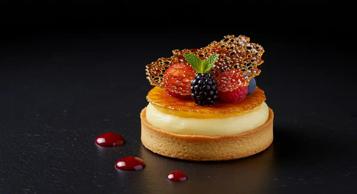 Tartaleta moderna de crema catalana caramelizada con frutos rojos y menta