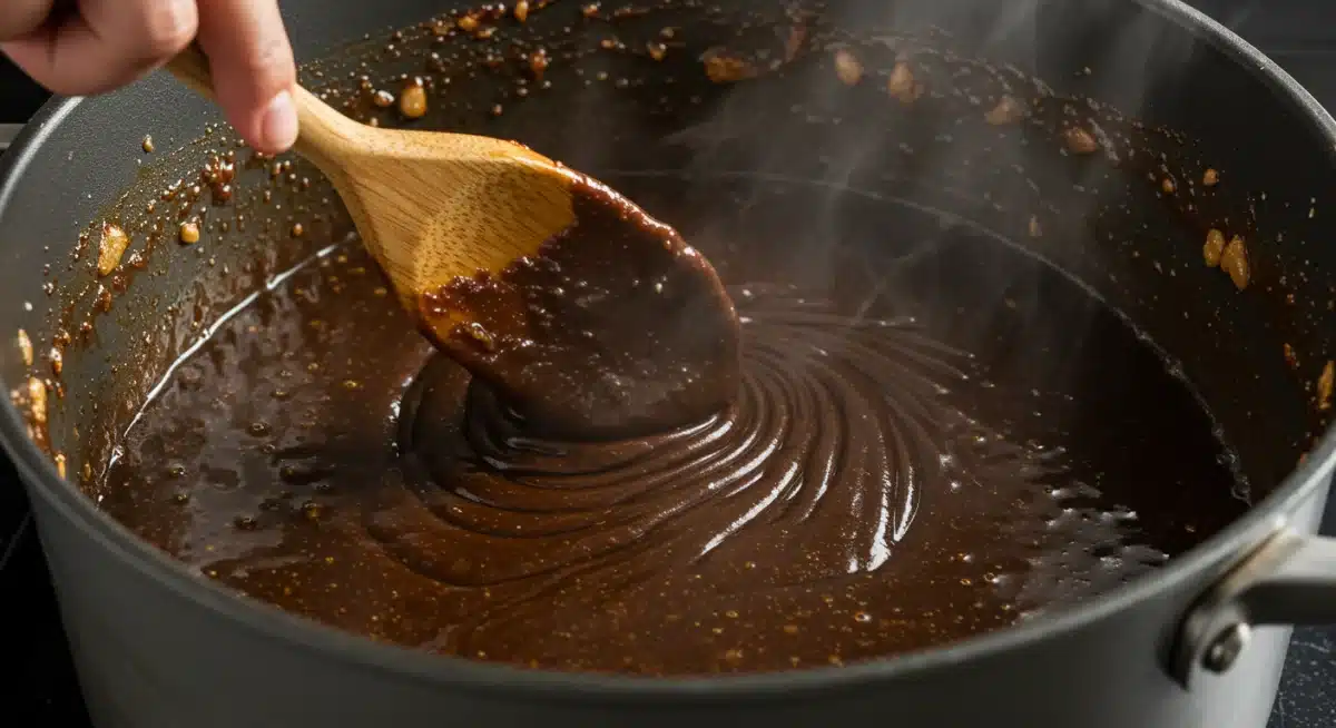Dark roux for Creole Gumbo being stirred in a pot
