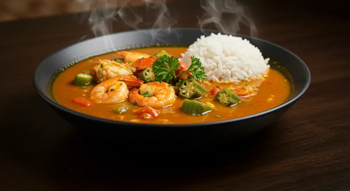 Steaming bowl of rich Creole Gumbo with shrimp, crab, and okra, served with rice.