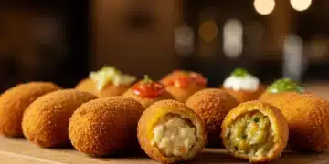 Variedad de croquetas gourmet con rellenos innovadores en una tabla de madera, ambiente de restaurante español.