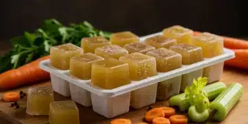 Cubos de caldo casero congelado en una bandeja de hielo, con verduras frescas alrededor, listos para usar.