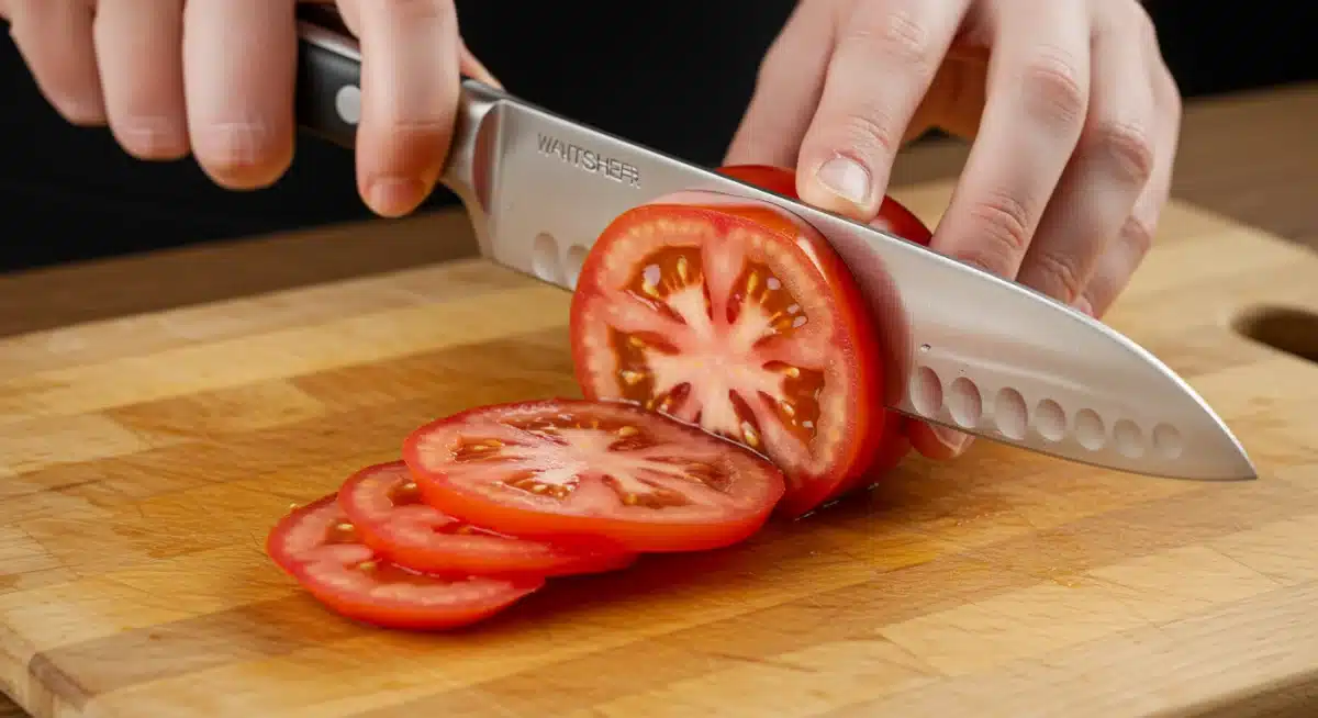 Cuchillo recién afilado cortando un tomate en rodajas finas con precisión y sin esfuerzo.