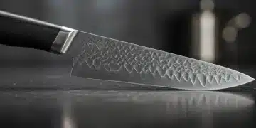 Cuchillo de chef de diseño futurista con hoja innovadora y filo impecable sobre un fondo de cocina moderna.