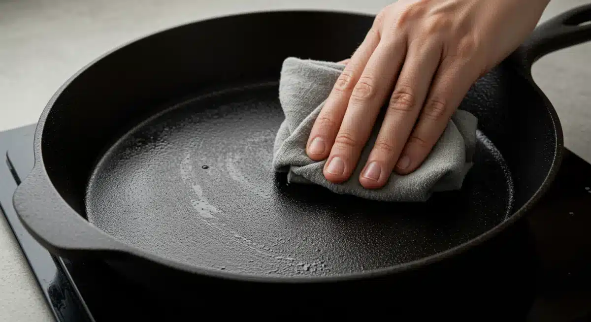 Detalle de una mano aplicando aceite para sazonar una sartén de hierro fundido, mostrando el proceso de curado.