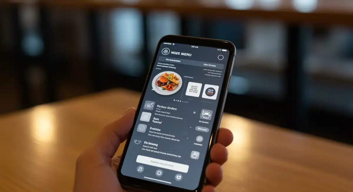Smartphone displaying a customized digital menu with AI recommendations and dietary preferences.