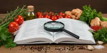 Magnifying glass over a cookbook, fresh ingredients, decoding recipe language