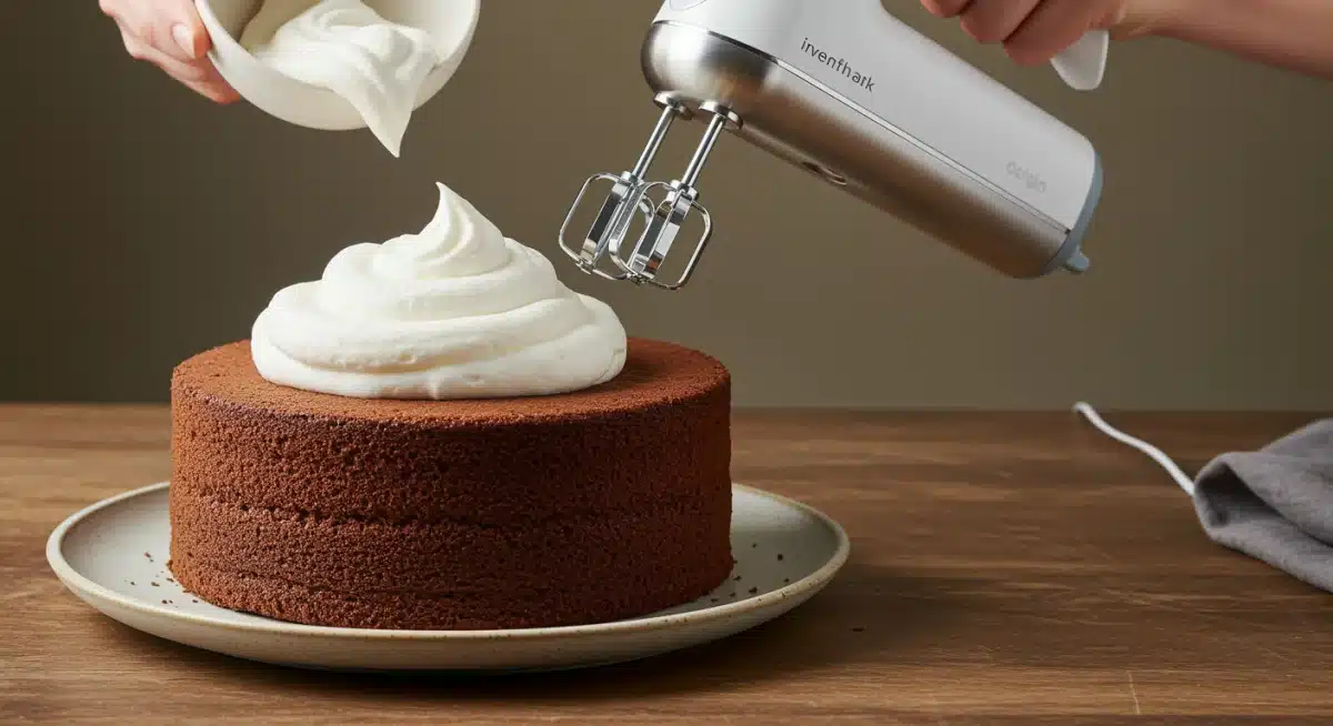 Decorando un pastel de chocolate con nata montada usando una batidora de mano, mostrando un postre casero.