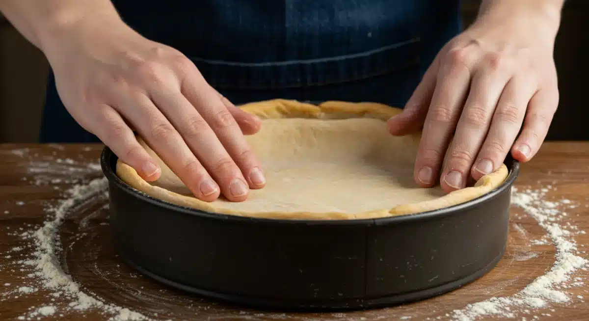 Hands pressing deep dish pizza dough into a pan, forming the crust.
